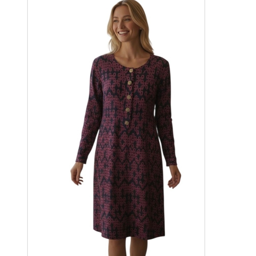 Jaclyn Smith Pink Black Button Long Sleeve Knee Length Dress Large